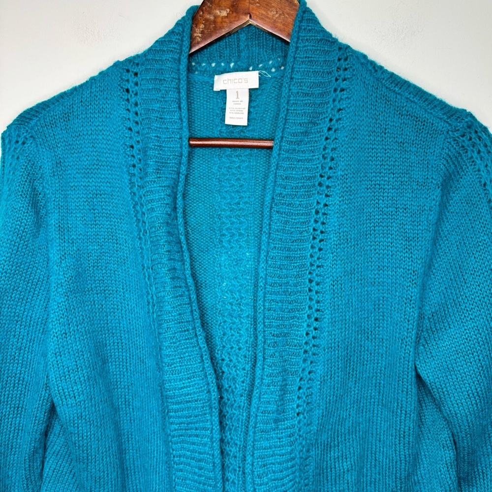Chico's Blue Wool Mohair Open Front Cardigan Sweater Size Medium - Picture 2 of 10